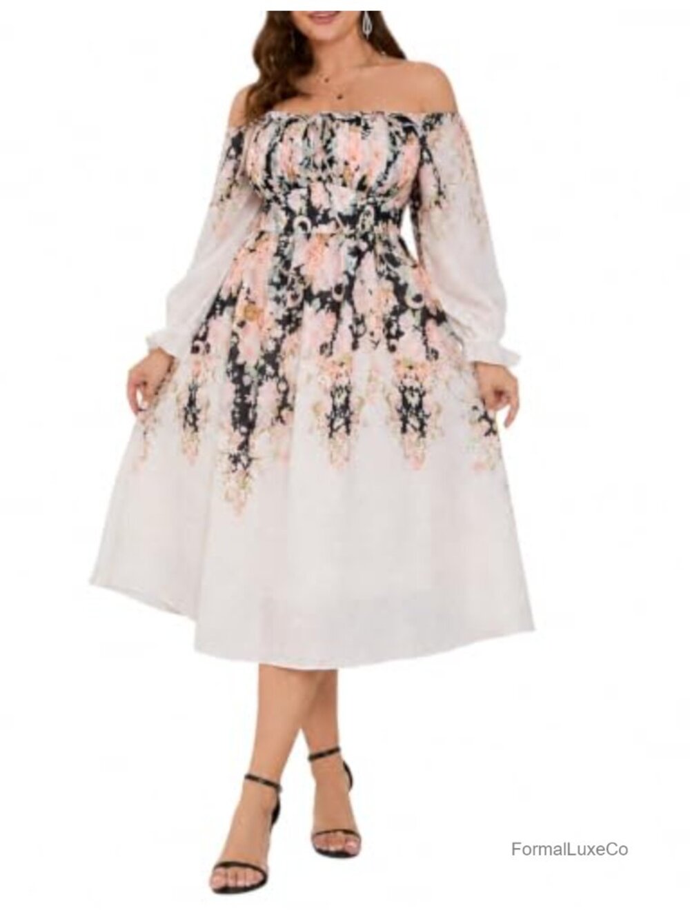 Plus Size Floral Midi Dress Long Sleeve Smocked Back A-Line Wedding Guest